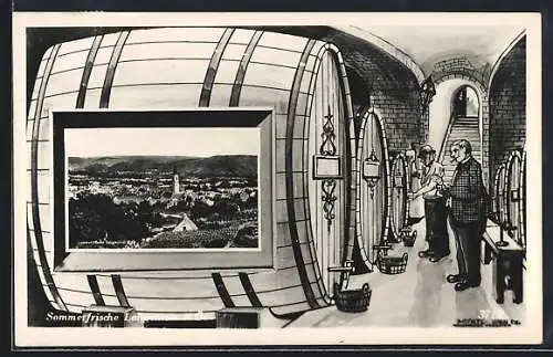 Künstler-AK Langenlois, Totalansicht im Weinfass, Weinkeller mit Treppe, Verkostung