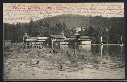 AK Pörtschach a. Wörthersee, Badeanstalt Werzer vom Wasser aus, mit Badenden