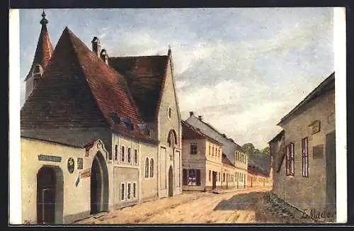 Künstler-AK Zwettl /N.-Oe., Strassenpartie mit Spitalkirche