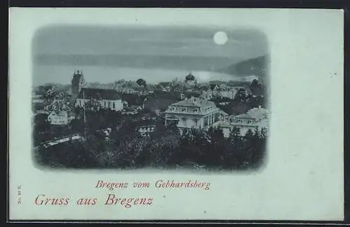 Mondschein-AK Bregenz, Totalansicht vom Gebhardsberg