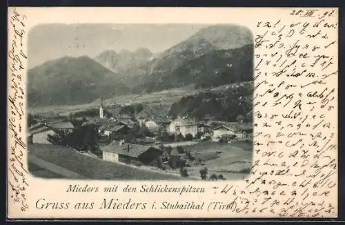 AK Mieders i. Stubaithal, Teilansicht mit den Schlickenspitzen