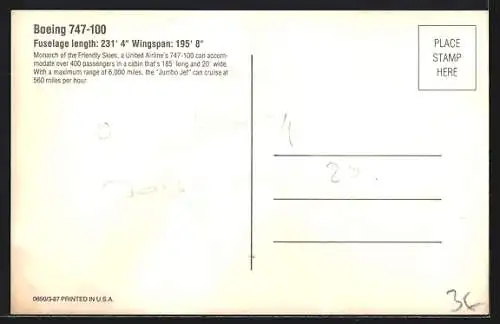 AK Flugzeug Boeing 747-100 der United