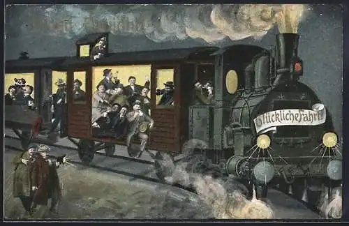 AK Eisenbahn mit feiernden Menschen