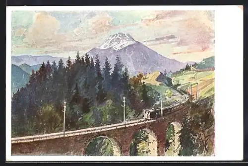 Künstler-AK Maria Zell, Bahn mit Ötscher, österreichische Eisenbahn