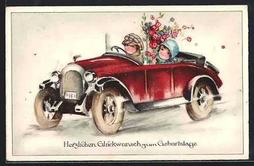 Künstler-AK Hannes Petersen: Geburtstag, Mädchen mit Blumenstrauss lässt sich im roten Automobil chauffieren