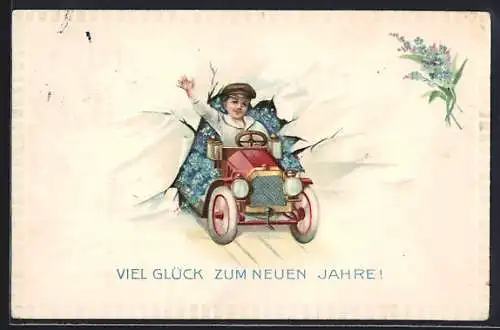 AK Auto mit Knabe und Blumen