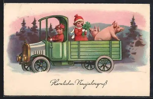 Künstler-AK Herzlichen Glückwunsch zum neuen Jahre!, Kinder mit Lastwagen und Schweinen