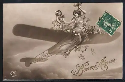 AK Flugzeug mit Dame und Kind