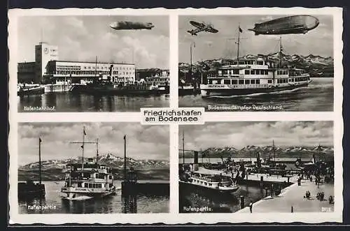 AK Friedrichshafen, Zeppelin mit Bodenseedampfer Deutschland & Hafenbahnhof
