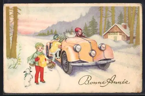 AK Auto mit Kindern im Schnee