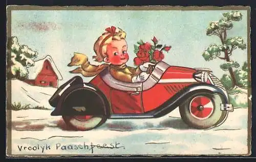 AK Auto mit Knabe am Steuer