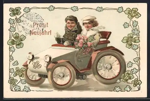 AK zwei Kinder in einem Auto, Neujahr, Klee, Vergissmeinnicht