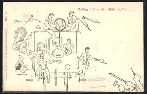 Künstler-AK Eisenbahner rauchen und trinken auf einer Eisenbahn