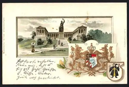 Passepartout-Lithographie München, Bavaria mit Ruhmeshalle, Wappen und Kindl