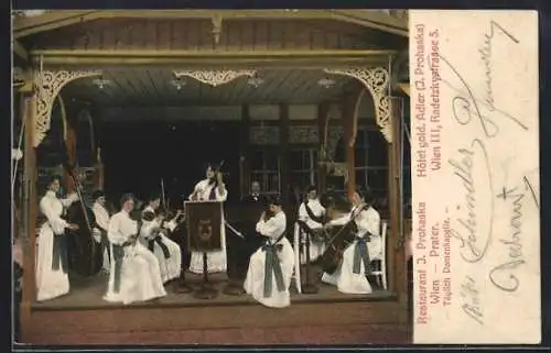 AK Wien, Wiener Prater, Hotel goldener Adler, Restaurant J. Prohaska, Damenkapelle mit Instrumenten