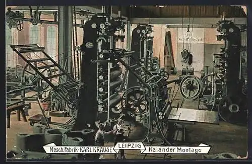 AK Leipzig, Maschinenfabrik Karl Krause, Arbeiter bei der Kalander Montage