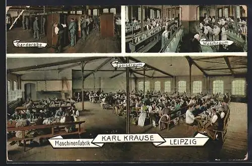 AK Leipzig, Fabrikarbeiter der Maschinenfabrik Karl Krause, Garderobe, Waschraum, Speiseraum