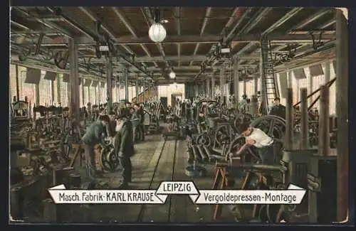 AK Leipzig, Maschinen-Fabrik Karl Krause, Fabrikarbeiter bei der Vergoldepressen-Montage