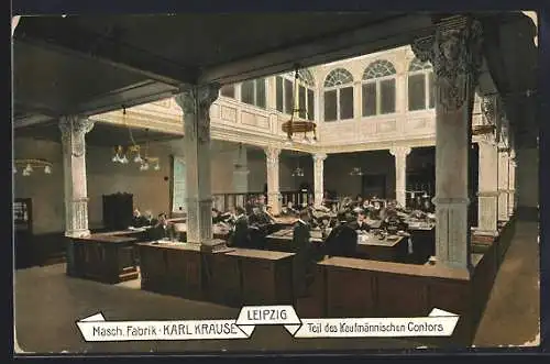 AK Leipzig, Maschinen-Fabrik Karl Krause, Teil des Kaufmännischen Contors mit Fabrikarbeitern