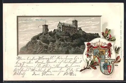 Passepartout-Lithographie Eisenach, Wartburg und Ortswappen