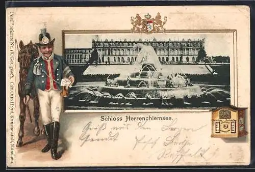 Passepartout-Lithographie Herrenchiemsee, Schloss mit Brunnen, Postbote mit Pferd am Briefkasten, Wappen
