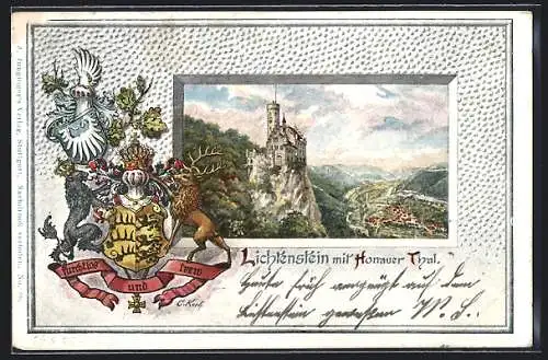 Künstler-AK Lichtenstein / Echaztal, Ortsansicht mit Honauer Thal im Schmuckrahmen