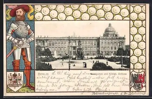Passepartout-Lithographie Berlin, Lustgarten und Königliches Schloss, Ritter mit Wappen