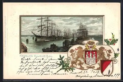 AK Hamburg, Segelschiff-Hafen und Wappen