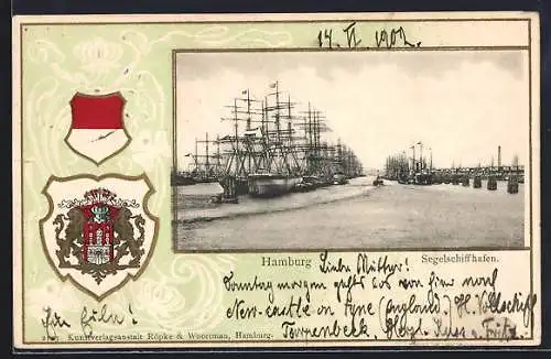 Passepartout-Lithographie Hamburg, Segelschiffhafen, Wappen