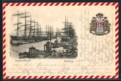 Passepartout-Lithographie Hamburg, Segelschiffhafen, Wappen