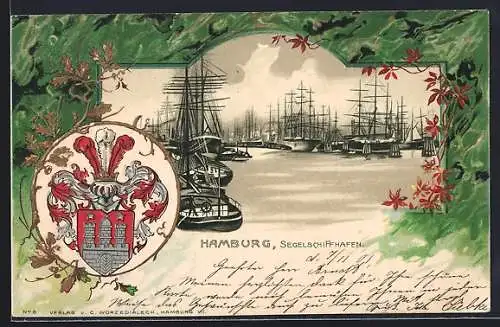 Passepartout-Lithographie Hamburg, Segelschiffhafen, Wappen