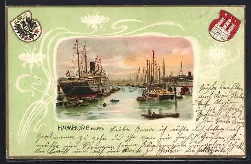 Lithographie Hamburg, Hafen im Abendlicht
