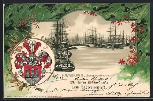 Passepartout-Lithographie Hamburg, Segelschiffhafen, Wappen, Neujahrsgruss