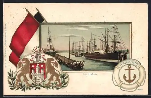 Passepartout-Lithographie Hamburg, Im Hafen, Wappen mit Fahnen