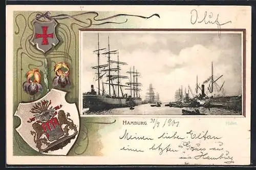 Passepartout-Lithographie Hamburg, Hafen, Wappen