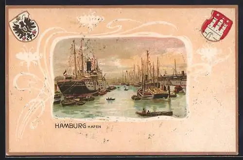Lithographie Hamburg, Hafen im Abendlicht