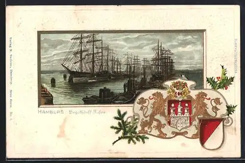 AK Hamburg, Segelschiff-Hafen und Wappen