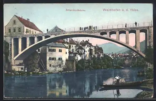 AK Waidhofen a. d. Ybbs, Zeller Hochbrücke mit Ortspanorama und Kahnfahrer