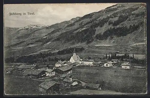 AK Jochberg in Tirol, Totalansicht mit Bergpanorama aus der Vogelschau