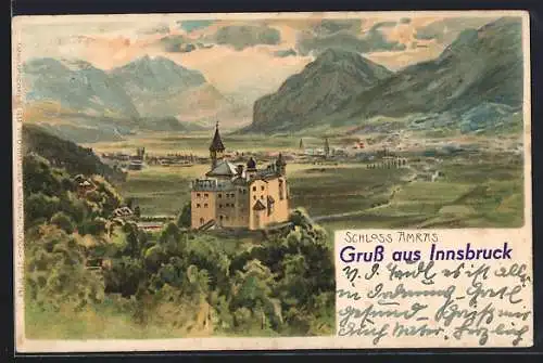 Lithographie Innsbruck, Schloss Amras und Blick auf die Stadt