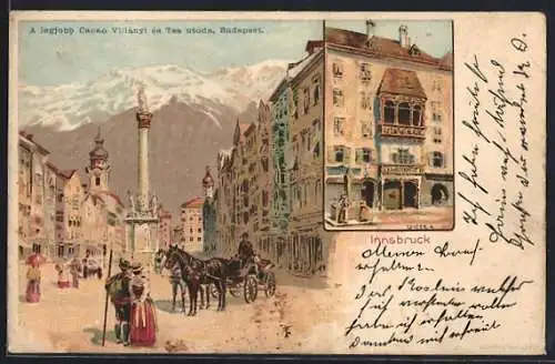 Künstler-AK Richard Hegedüs-Geiger: Innsbruck, Maria Theresienstrasse mit Denkmal, Goldenes Dachel