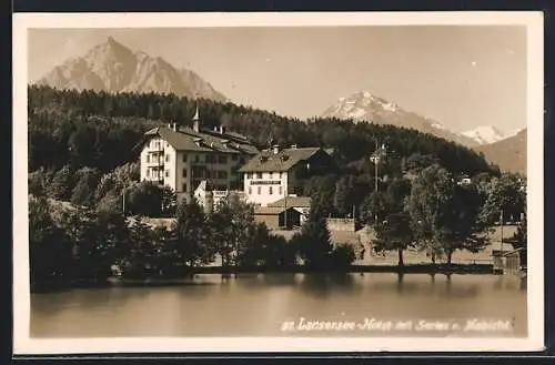 AK Lans, Lansersee-Hotel mit Serles und Habicht, gesehen vom See