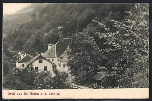 AK St. Anton a. d. Jessnitz, Teilansicht mit Turmgebäude aus der Vogelschau