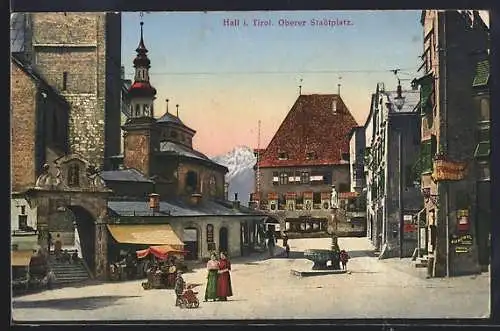 AK Hall, Oberer Stadtplatz mit Konditorei und Brunnen