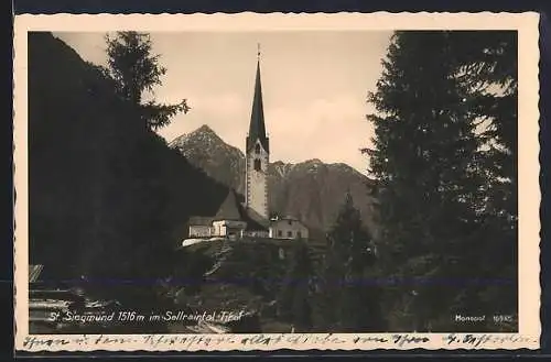 AK St. Sigmund im Sellrain, Kirchenpartie mit Gipfelpanorama