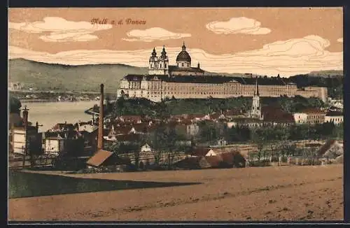 AK Melk a. d. Donau, Ortsansicht mit Blick auf die Abtei