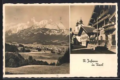 AK St. Johann in Tirol, Gasthof Post, Panorama mit Ort und Gebirge