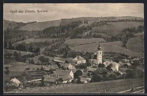 AK Zöbern /N.-Oest., Ortsansicht mit Kirche und Feldern