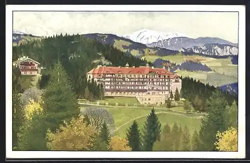 Künstler-AK Semmering, Kurhaus mit Schneeberg