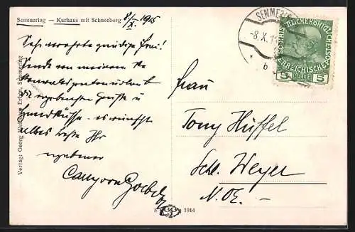 Künstler-AK Semmering, Kurhaus mit Schneeberg